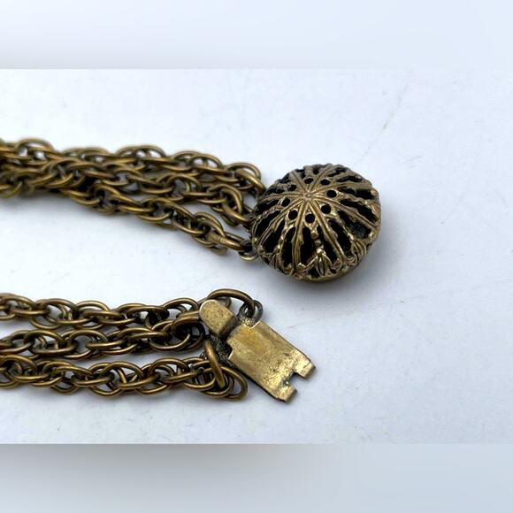 Vintage German Blue & Red Brass Tone Tassel Chain Statement Unique Rare Necklace - Picture 4 of 6